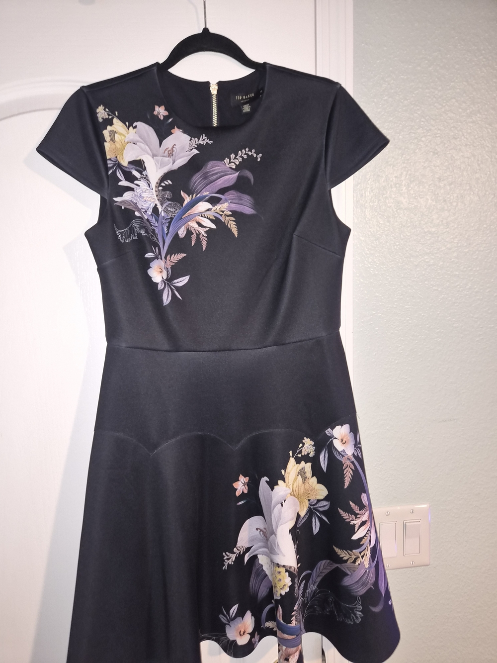 Ted Baker Black Floral Fit & Flare Mini Dress with Purple and Cream Accents